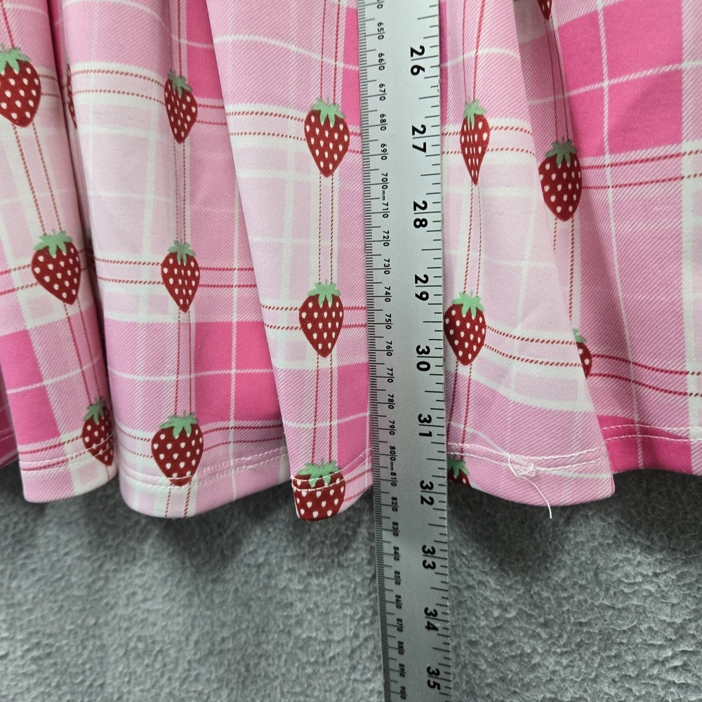 Hot Topic Women Dress L Pink Strawberry Plaid Lace Up Mini Fit & Flare V Neck - Picture 5 of 8